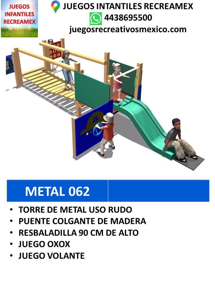 modulo de metal con resbaladillas, puente, volante, juegoo xoxo